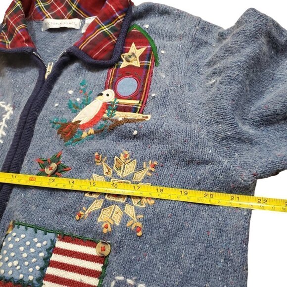 Victoria Jones Xmas Cardigan Ugly Sweater Blue Full Zip Size L Angora Rabbit - Picture 5 of 10